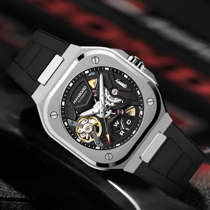 Montre mécanique automatique carrée HANBORO pour homme, montre de mode