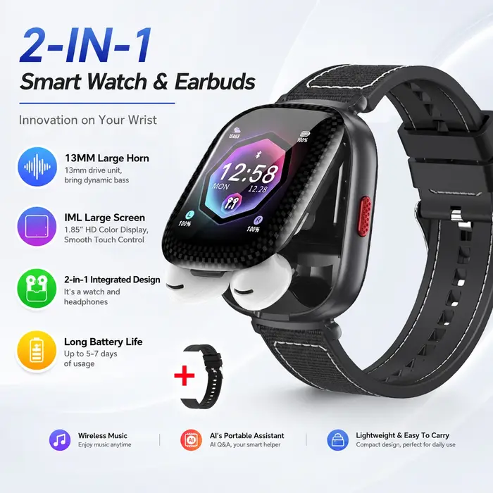 Nouvelle montre connectée avec écouteurs intégrés, écran TFT incurvé de 1,88 pouce, Bluetooth 6.0, tout-en-un, pour la musique et l'usage quotidien