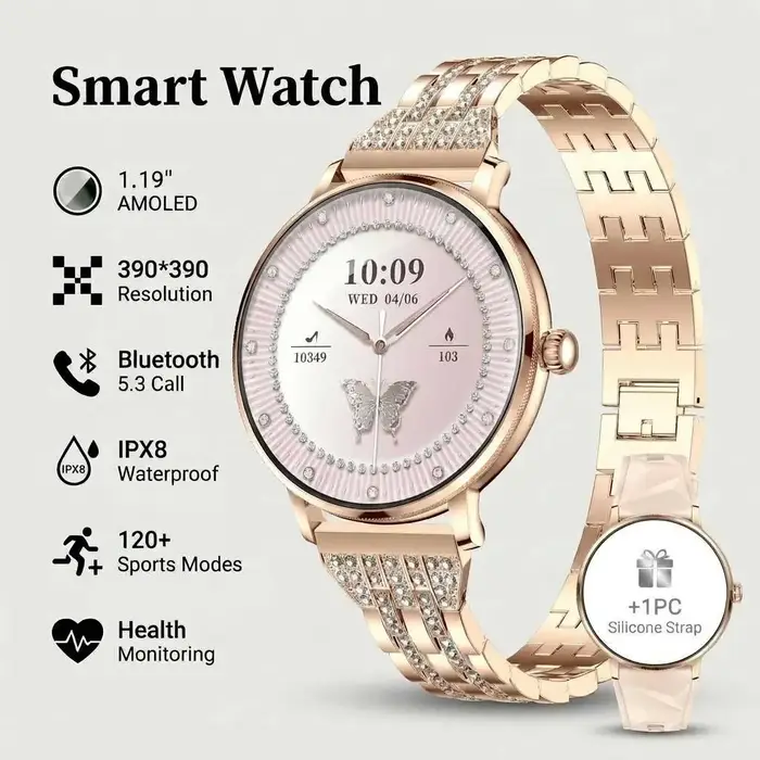 Montre connectée pour femmes 2026, écran AMOLED 1,19'', corps ultra-fin, plus de 120 modes sportifs, appels BT, suivi de la fréquence cardiaque et du sommeil, cadeau de Noël