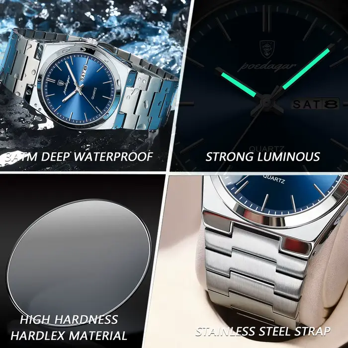 POEDAGAR montres de luxe pour hommes en acier inoxydable étanche lumineux homme montre Date semaine mode décontracté