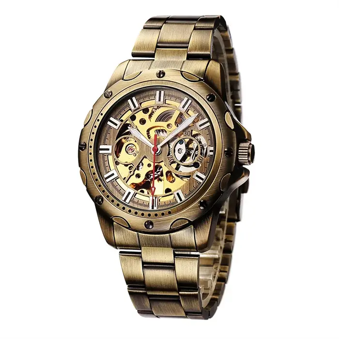 SHENHUA 9536A hommes montre mécanique automatique Bronze squelette décontracté