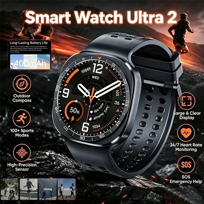2026 Nouvelle montre connectée Ultra 2 pour hommes, charge sans fil, étanche IP68, boussole, appels Bluetooth, moniteur de santé, montre connectée 47 mm