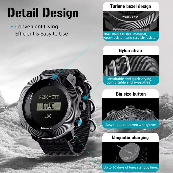 Montre numérique de plongée libre NORTH EDGE APACHE-D pour hommes, sports de plein air, natation, ét