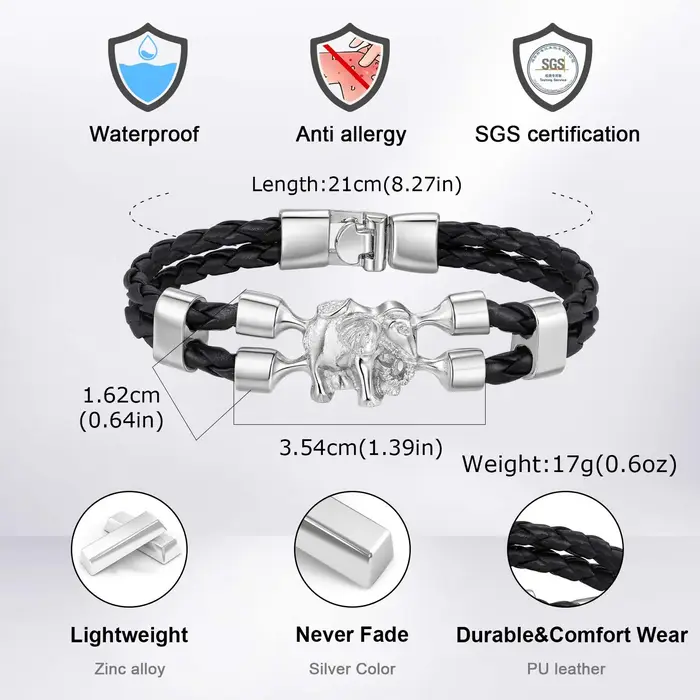 Bracelet en cuir noir d'éléphant Vintage pour hommes
