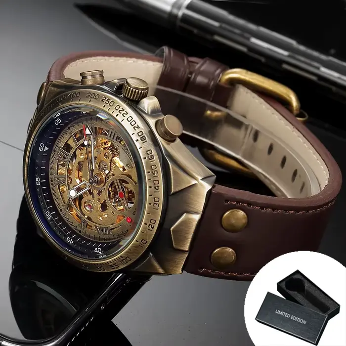 Montre mécanique automatique squelette rétro en Bronze pour hommes, main lumineuse marron, ceinture