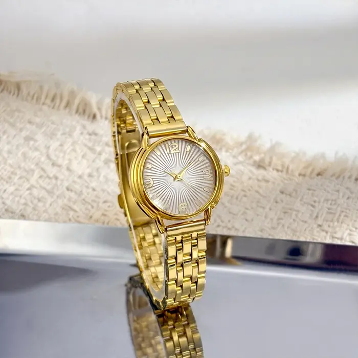Montre en or pour femme : cadran rond effet soleil, bracelet en acier inoxydable, montre-bracelet de luxe légère