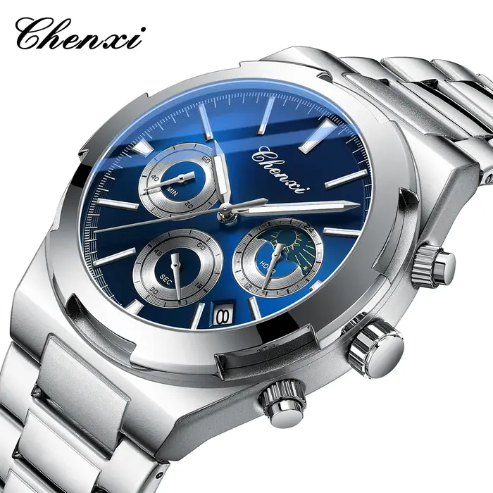 Montres pour hommes classique multifonctionnel chronographe montre de sport haut de gamme en acier inoxydable étanche lumineux montre-bracelet à Quartz