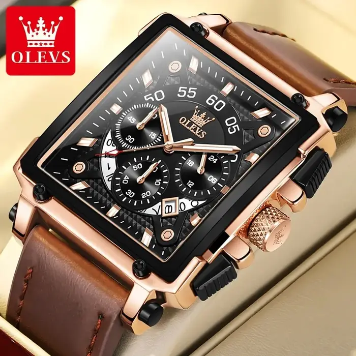 OLEVS 9919 hommes montre mode cadran carré bracelet en cuir chronographe étanche sport horloge de luxe Original Quartz montre-bracelet homme