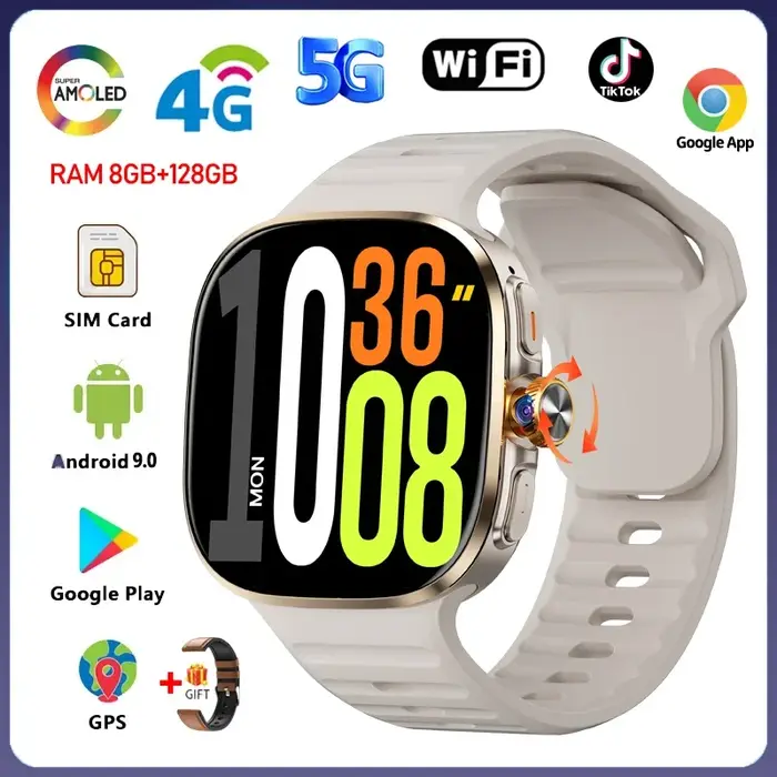 8GB + 128GB RAM 5G/4G Android 9.0 montre intelligente 2.4 pouces AMOLED 2100mah batterie 900W caméra GPS WIFI Google APPS télécharger Smartwatch