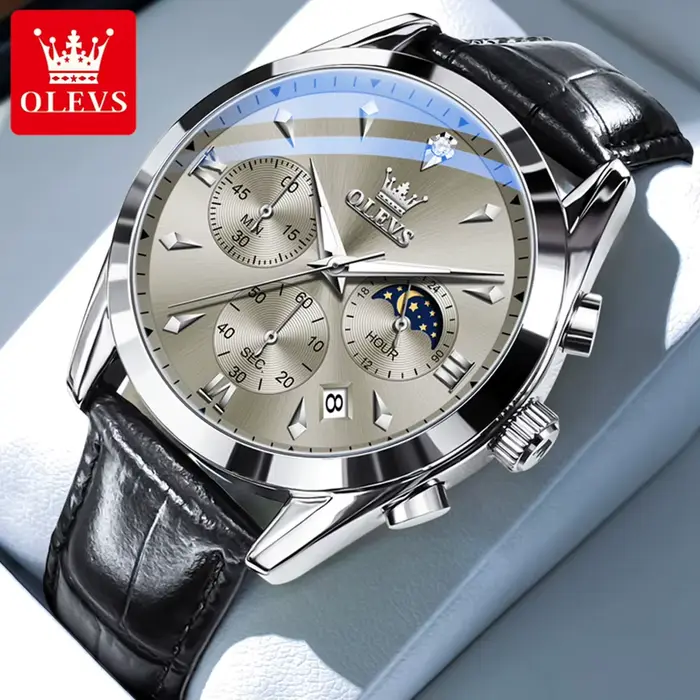 OLEVS-Montre de Luxe avec Bracelet en Cuir pour Homme, Étanche, Shoous, Chronographe, Phase de Lune,