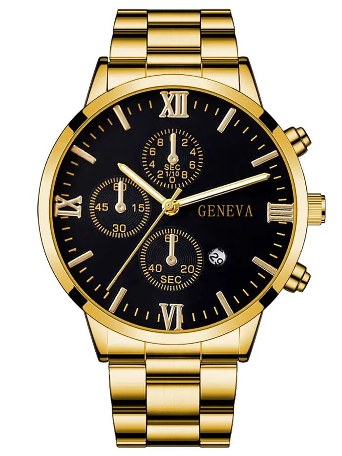 Ensemble de 4 montres à quartz pour hommes en alliage d'or avec calendrier romain et collier croix