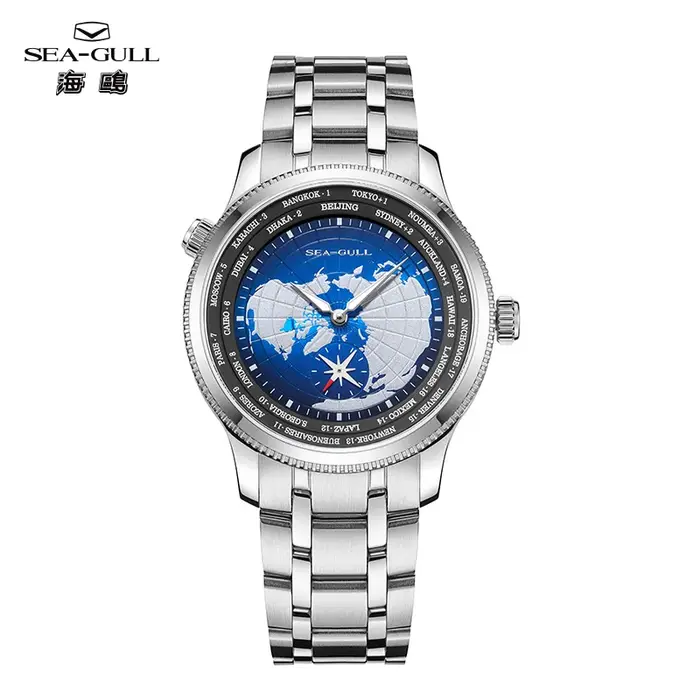 Mouette heure mondiale hommes montre GMT Zone terre carte hommes montres montre automatique pour hom