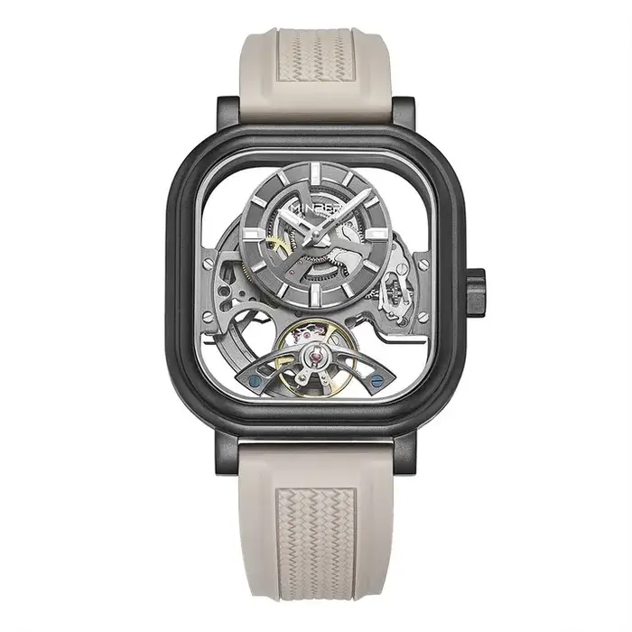 Montre mécanique automatique MINBER carrée ajourée avec fond transparent, design unique et tendance 