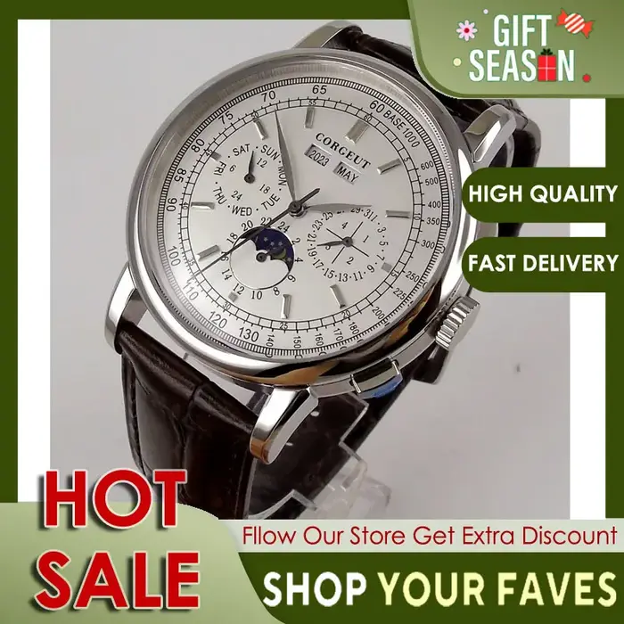 42mm Corgeut montre automatique pour hommes montres mécaniques jour Date mois année calendrier multi-fonction 316L jour-nuit bracelet en cuir