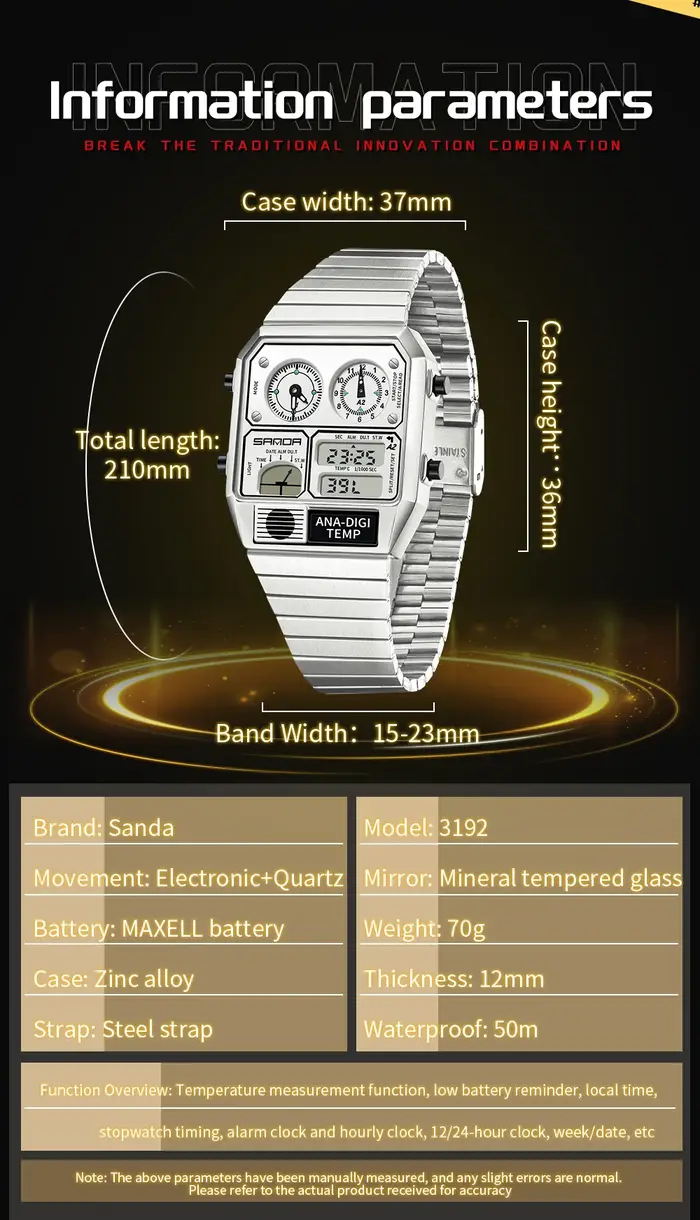 SANDA nouveau 3192 montre électronique carrée pour hommes LED étanche thermomètre chronomètre pour m