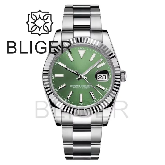 BLIGER 36mm/39mm montre DJ pour hommes lunette cannelée verre saphir étanche en acier inoxydable fermoir Glidelock cadran lumineux Sunburst