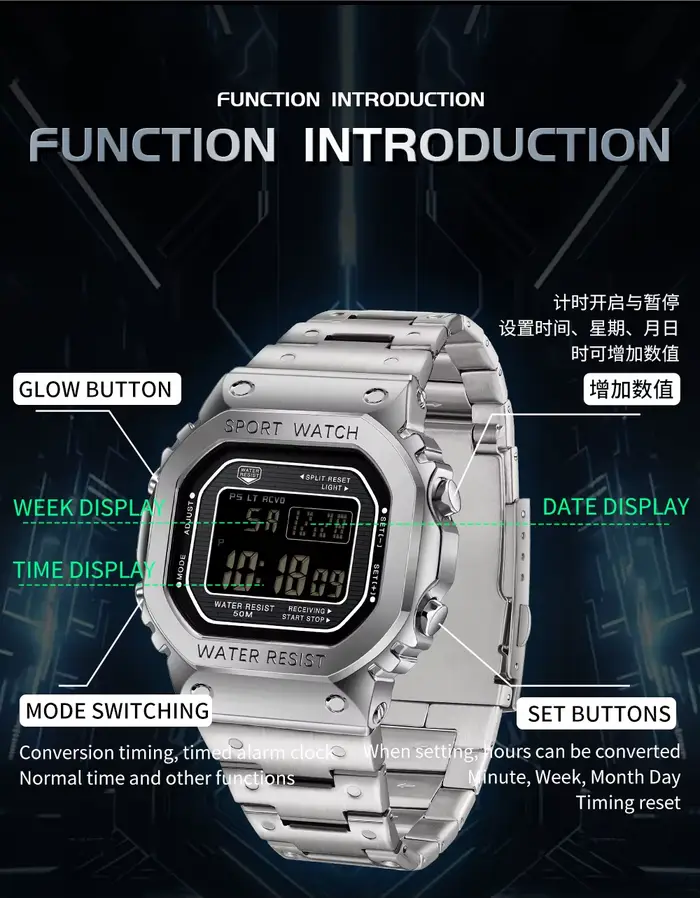 SANDA 2162 montre électronique pour hommes carré étanche multi fonctionnel montre-bracelet carré mod