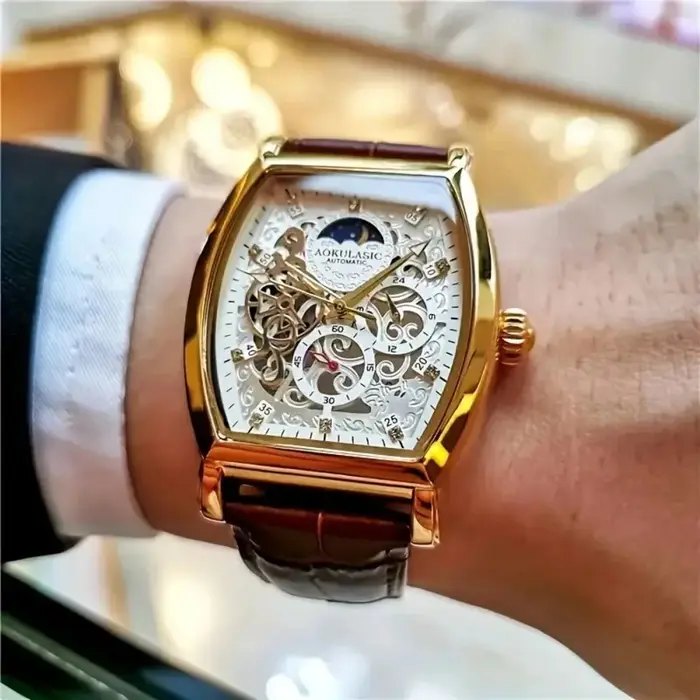 Montre mécanique automatique élégante pour homme avec tourbillon - Montre de luxe pour homme avec design squelette, bracelet en similicuir, style business casual, cadran en forme de baril - le cadeau 