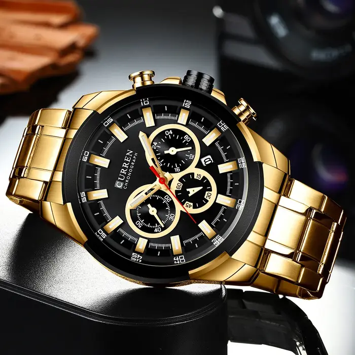 CURREN montre chronographe pour hommes 48mm grand cadran avec bracelet en acier inoxydable triple sous-cadrans montre-bracelet de Sport à Quartz de luxe