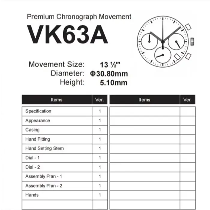 VK63A VK63 mouvement à Quartz Date à 3 heures chronographe montre