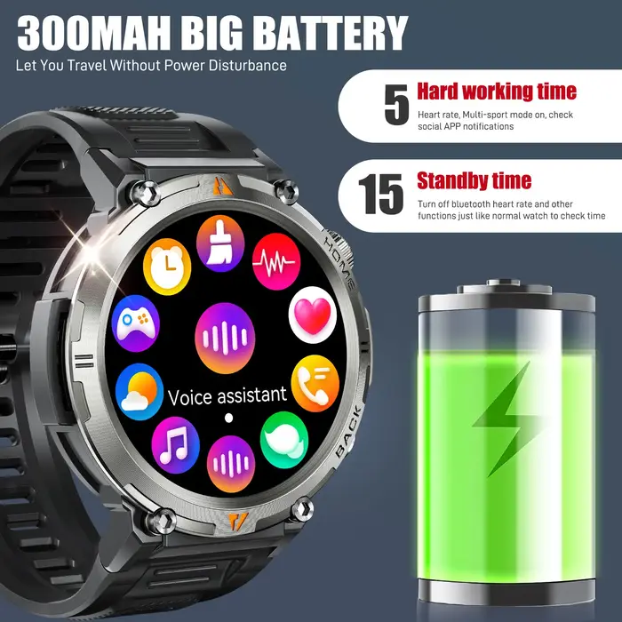 EIGIIS montre intelligente militaire pour hommes avec LED 1.45 " Smartwatch extérieur avec appels Bluetooth moniteur de fréquence cardiaque et de sommeil traqueur d'activité physique