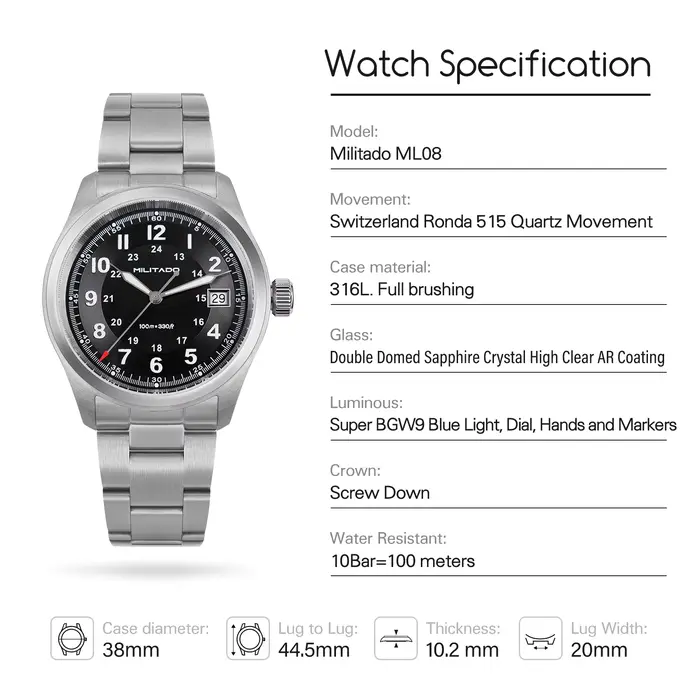 Militado ML08 montre à Quartz Vintage Ronda 515 mouvement Ar saphir miroir 38Mm montre-bracelet Date Super lumineux étanche montres