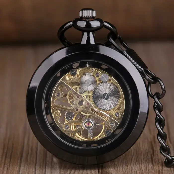 Montre de poche mécanique squelettée noire/argentée