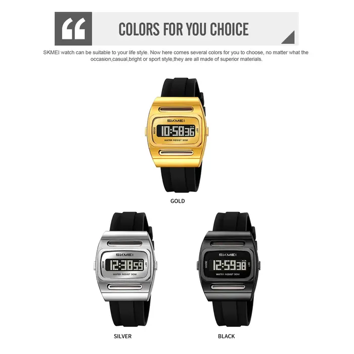 Montre numérique à énergie solaire pour homme SKMEI – Boîtier carré doré rétro