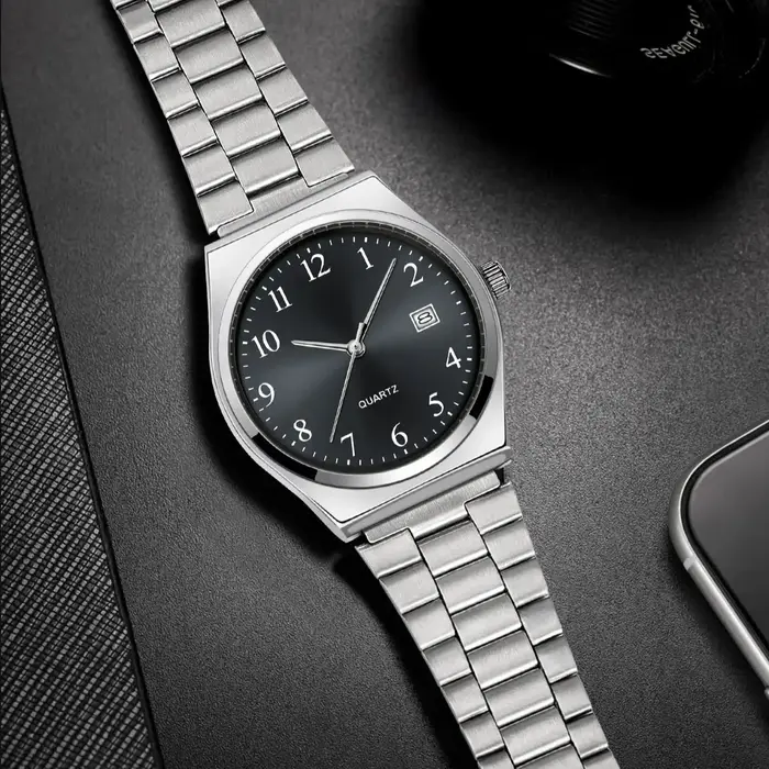 LUCKY FOX – Montre-bracelet élégante et minimaliste en acier inoxydable avec cadran noir – Cronométrage précis pour tous les jours