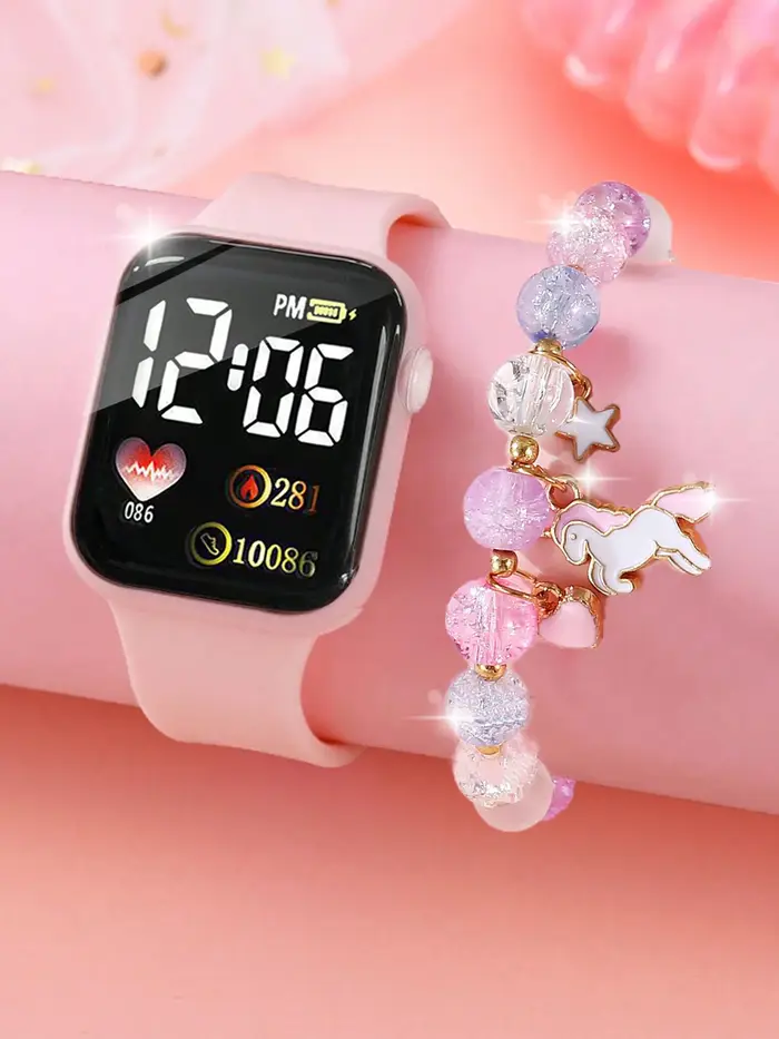 Montre électronique rectangulaire en silicone rose pour femmes, sport de loisirs, coffret cadeau pou