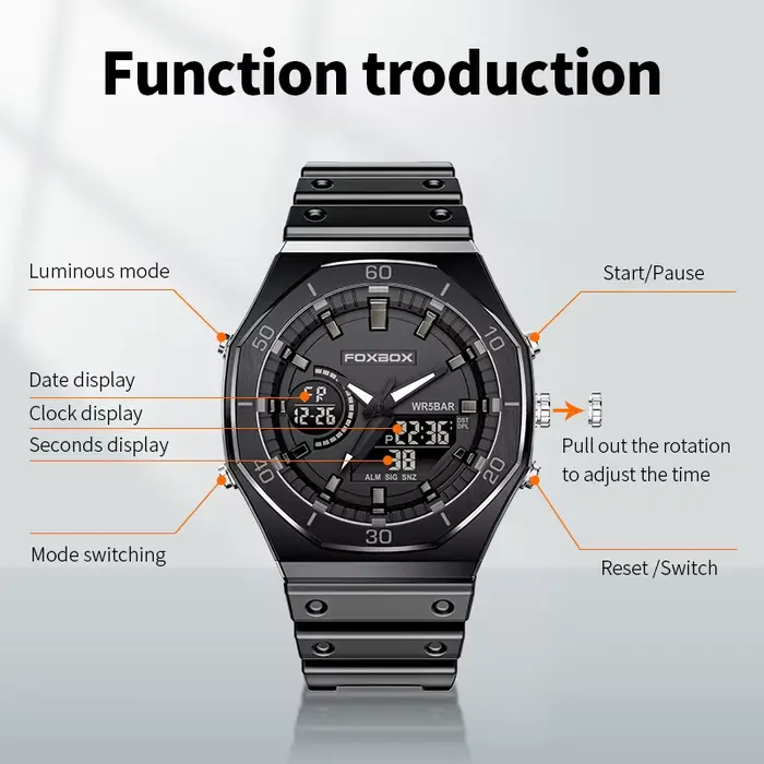 FOXBOX – montre de sport noire à double affichage pour hommes