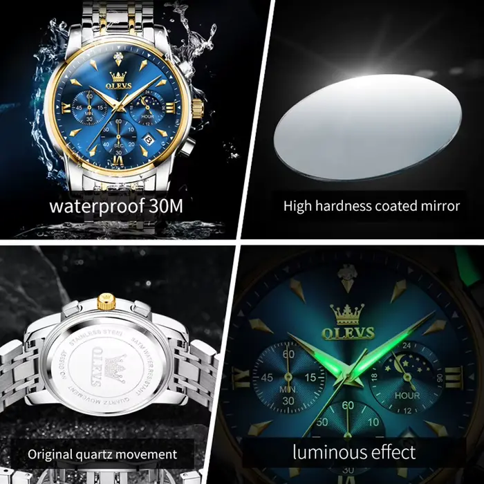 OLEVS 3639 Phase de lune Original hommes montres classique trois yeux 30m étanche lumineux chronographe Quartz montre-bracelet marque montre