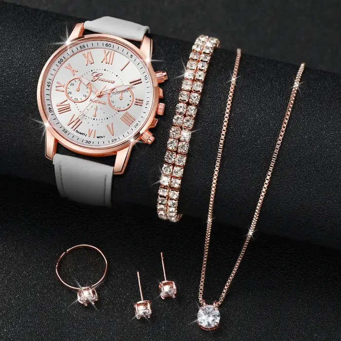 6 pièces/ensemble genève femmes montres bracelet en cuir décontracté montre-bracelet à Quartz diamant ensemble de bijoux (sans boîte)