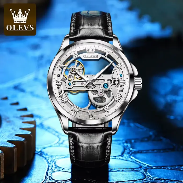 OLEVS 6661 montre homme automatique entièrement creuse bracelet en cuir de mode étanche horloge à main lumineuse montres mécaniques pour hommes