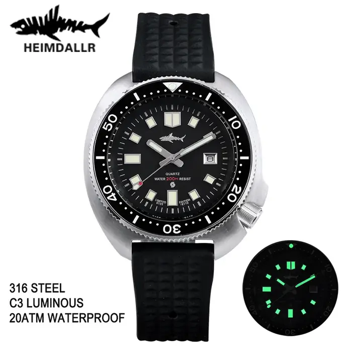 Montre de plongée rétro pour homme HEIMDALLR, bracelet en acier/caoutchouc, étanche 20 bars, lunette
