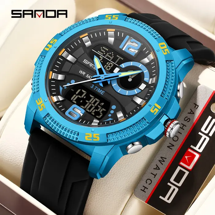 SANDA mode luxe hommes montres double affichage numérique Sport analogique Quartz homme montre-bracelet décontracté étanche silice chronographe
