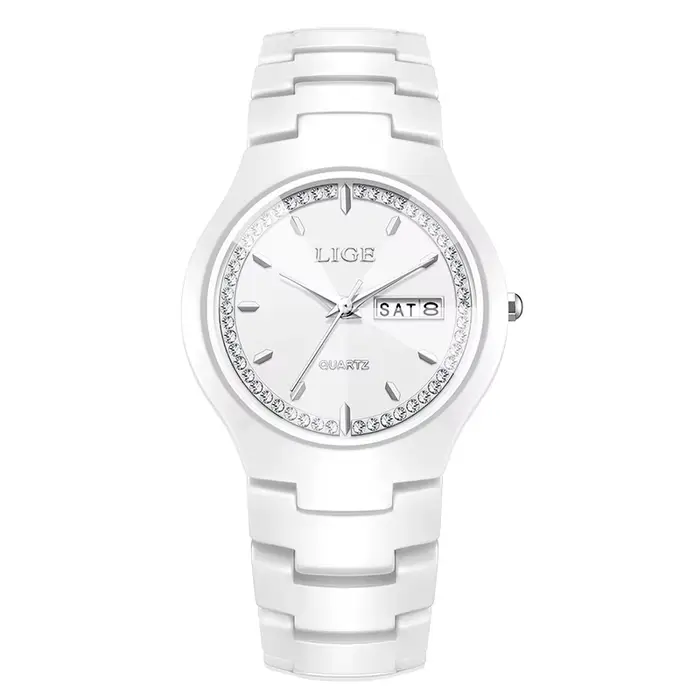 LIGE céramique hommes montres calendrier étanche femmes montres diamant Simple robe montre semaine a