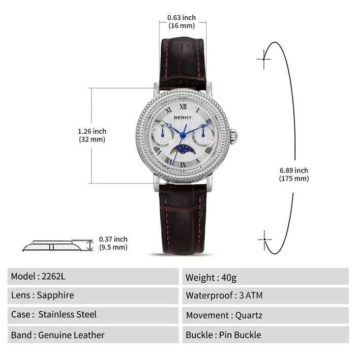 BERNY Montres pour femmes, montre de luxe pour affaires, phase de lune, élégante, à quartz, bracelet en cuir, acier inoxydable