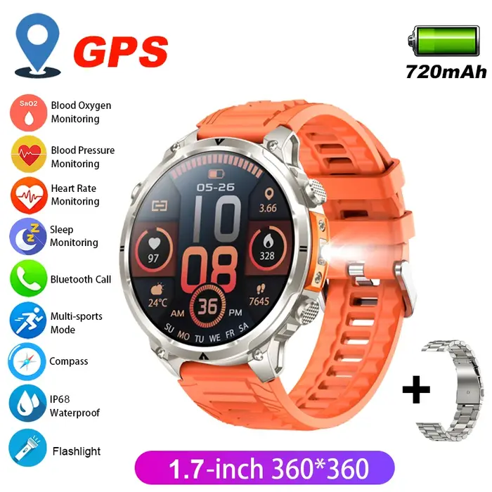2026 GPS Smartwatch pour hommes 1.7 HD écran militaire montre intelligente IP68 étanche lampe de poche 100 Modes de Sport 720mAh grande batterie
