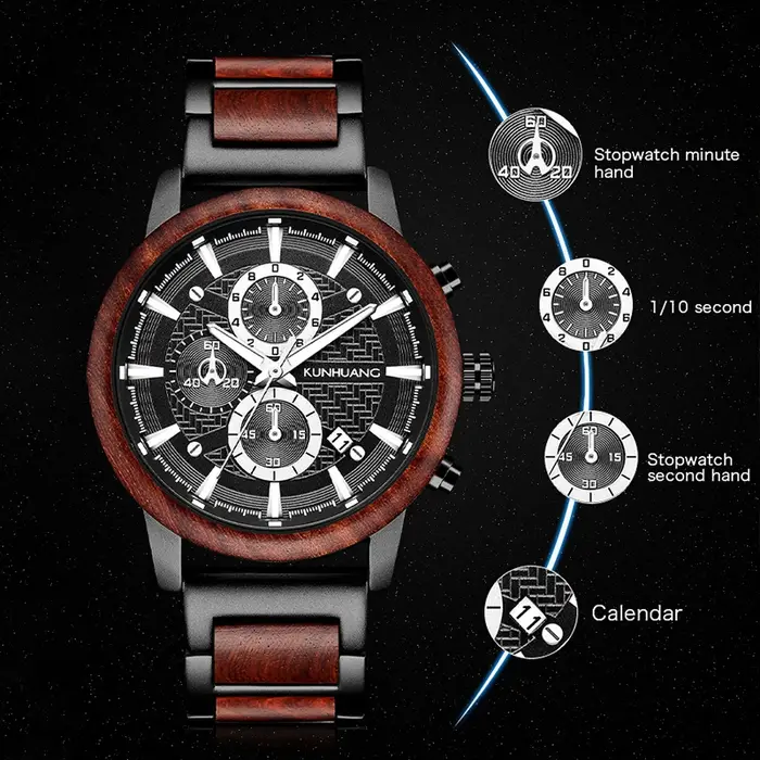 KUNHUANG montres en bois de luxe lumineux multi-fonction
