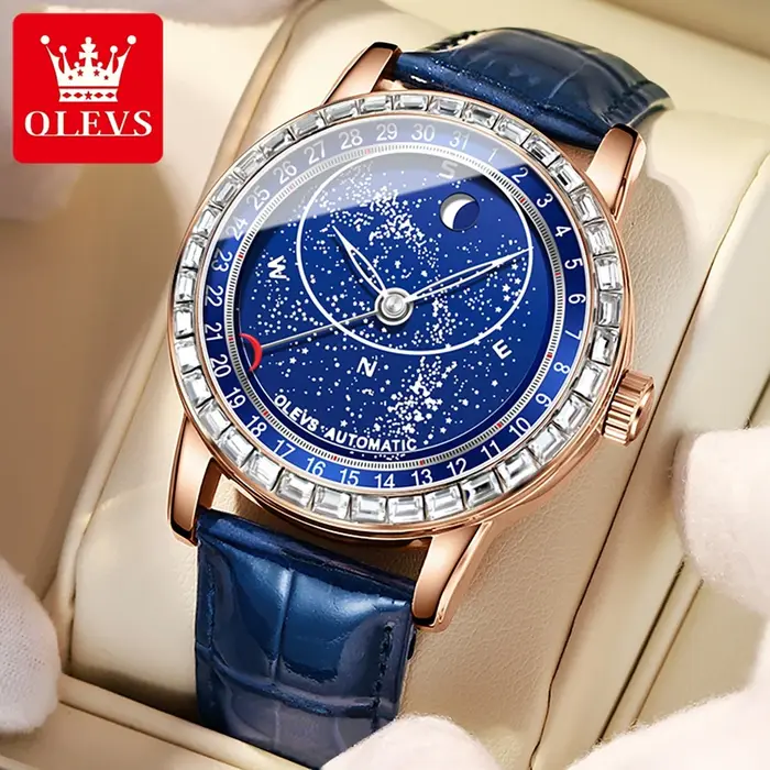 OLEVS 9923 montres pour hommes Phase de lune montre mécanique automatique pour homme en cuir bleu robe de luxe étanche montre-bracelet lumineuse