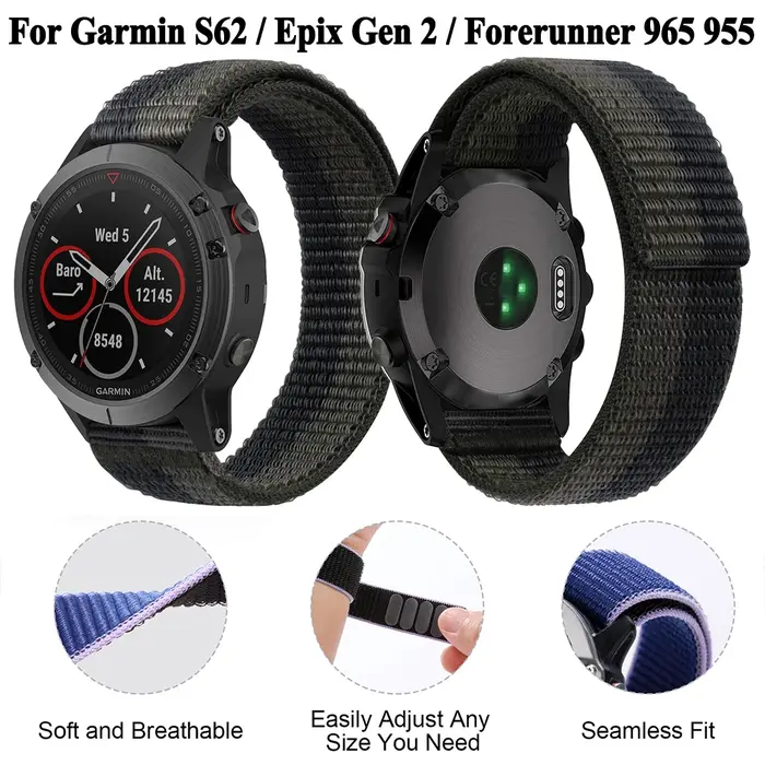 Bracelet en Nylon à boucle à crochet pour Garmin S62/Epix Gen 2/Forerunner 965 955 Solar 945 LTE 935