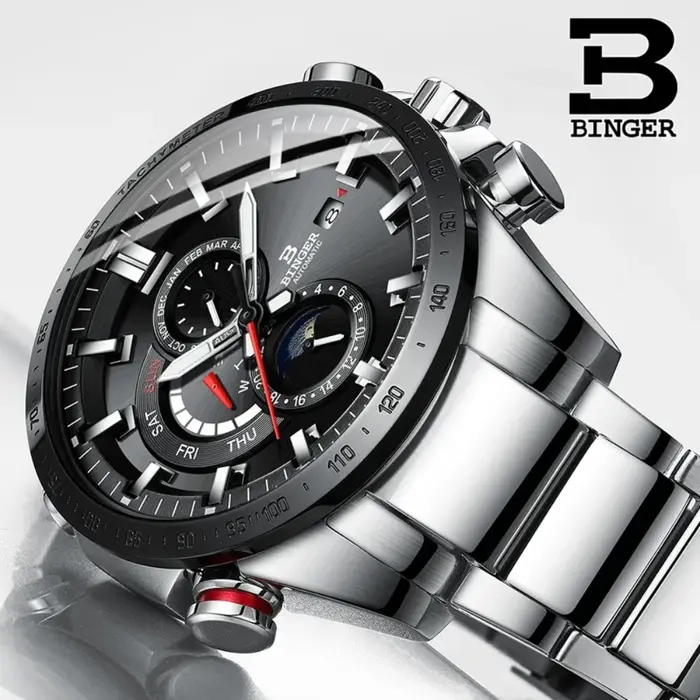Véritable marque de luxe BINGER hommes montres automatique mécanique lumineux entièrement en acier étanche calendrier de course mâle Phase de lune