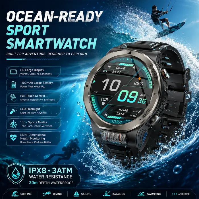 Montre connectée étanche 3ATM, moniteur de santé et d'oxygène sanguin, appels Bluetooth, contrôle de la musique, plus de 100 modes sportifs, montre de fitness