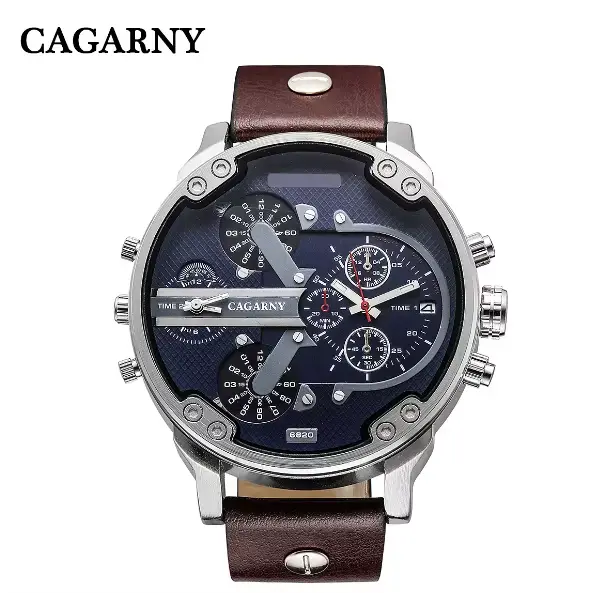 Cagarny montre à Quartz de luxe hommes bracelet en cuir noir boîtier doré double fois militaire dz R