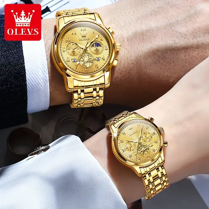 OLEVS nouveau volant d'inertie conception de luxe Couple montre étanche Phase de lune chronographe marque originale montre-bracelet à Quartz pour hommes femmes