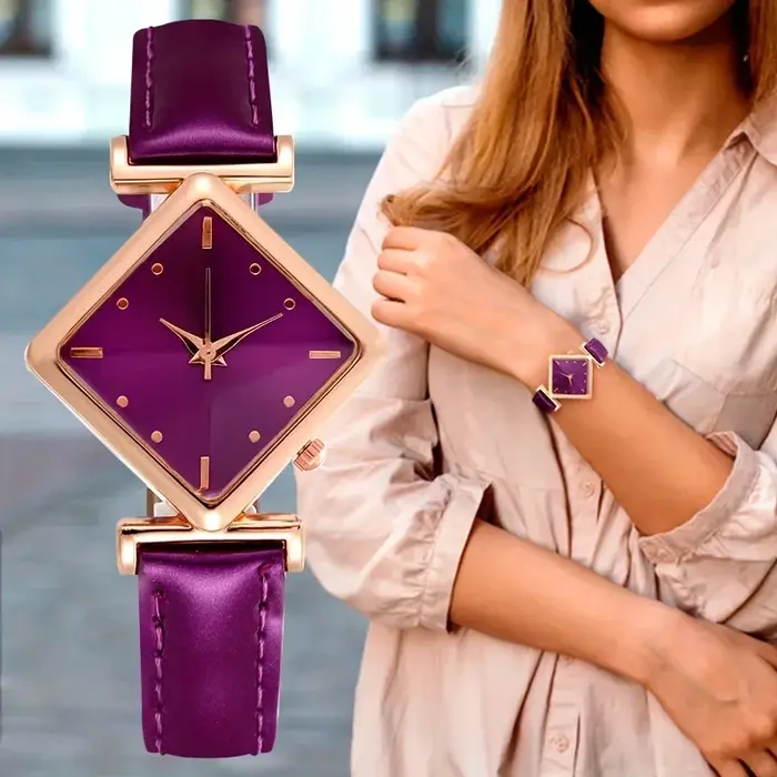 Montre à quartz en cuir PU pour femme, montre-bracelet analogique, pointeur losange élégant, mode rétro
