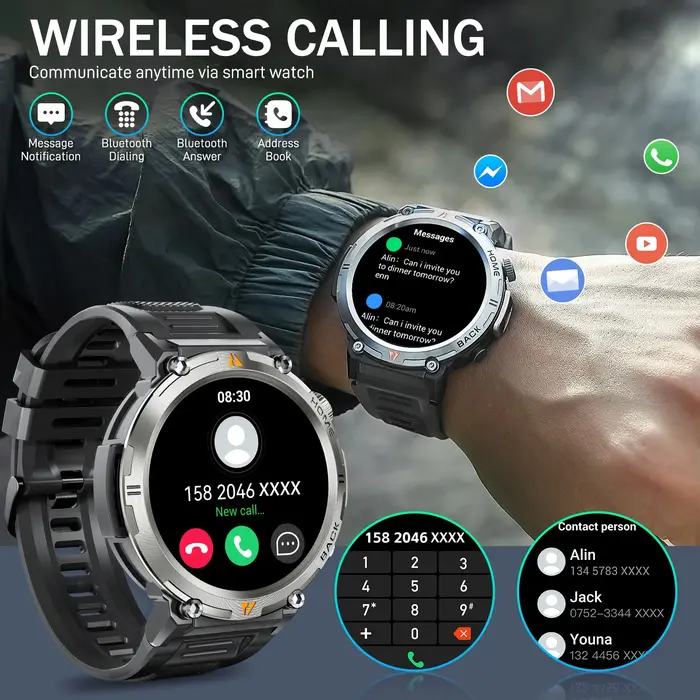 EIGIIS montre intelligente militaire pour hommes avec LED 1.45 " Smartwatch extérieur avec appels Bluetooth moniteur de fréquence cardiaque et de sommeil traqueur d'activité physique