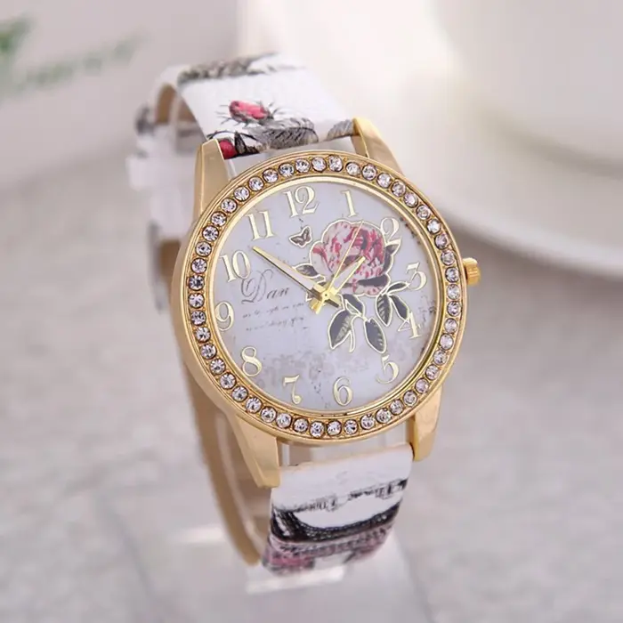 Mode dames montres femmes imprimé fleur montre de luxe Quartz décontracté en cuir montre-bracelet