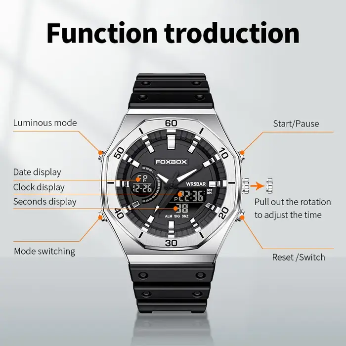 FOXBOX nouvelles montres à double affichage pour hommes sport décontracté chronographe Quartz grand cadran montre-bracelet Silicone étanche horloge numérique
